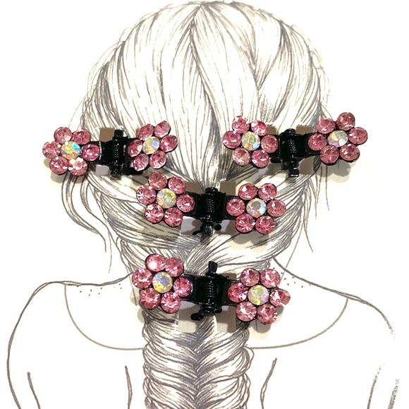 Hair Clips Set of 4 Pink Rhinestone Flower Mini Claws Updos - Picture 1 of 6